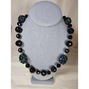 Vintage Black Bead  Necklace with Multi-Color Crystals, Box Clasp